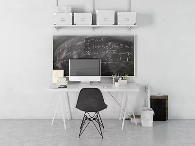 Minimalist Modern Office Desk With Computer Stationery Black Chair Above Shelves And Blackboard 3d model