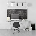 Minimalist Modern Office Desk With Computer Stationery Black Chair Above Shelves And Blackboard