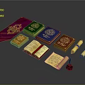 Vintage Books And Scrolls Collection With Decorative Covers Open Manuscript And Inkwell