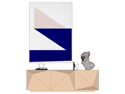 Modern Geometric Design Light Brown TV Stand With TV Decorative Figurine And Wine Glass 3d model