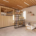 Modern Hotel Lobby Interior With Wooden Ceiling Open Design Bookshelves Sofa And Coffee Table