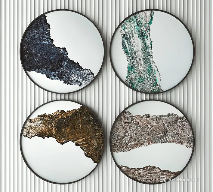 Modern Four Round Frame Wall Art With Black Green Brown Gray Abstract Textures 3d model 