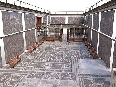 Classic Ancient Roman Atrium With Intricate Mosaic Flooring Decorative Wall Frescoes And Wooden Benches 3d model