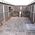 Classic Ancient Roman Atrium With Intricate Mosaic Flooring Decorative Wall Frescoes And Wooden Benches