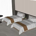 Hotel Room Interior With Twin Beds White Linens Brown Runners Nightstands Table And Chair