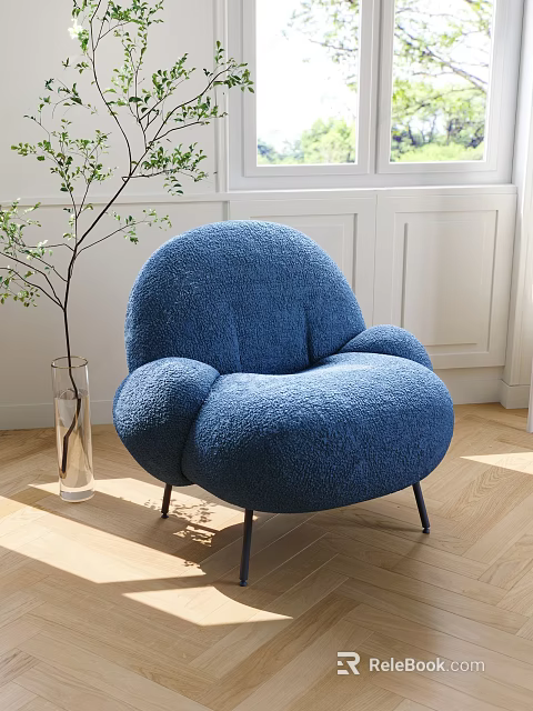 Blue Plush Rounded Lounge Chair With Black Metal Legs In Bright Room With Green Plant 3d model 