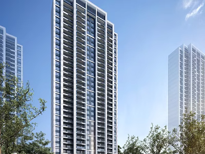 Modern High Rise Residential Building With Trees And Clear Sky 3d model