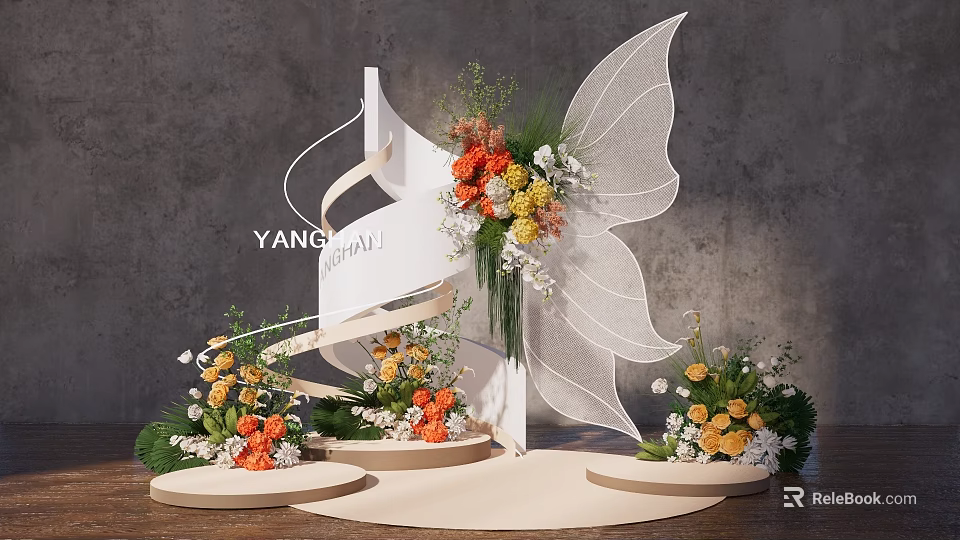 Banquet Hall Decor With Wing Shaped Orange Yellow Flowers And Green Leaves On Round Platforms 3d model 