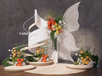 Banquet Hall Decor With Wing Shaped Orange Yellow Flowers And Green Leaves On Round Platforms 3d model
