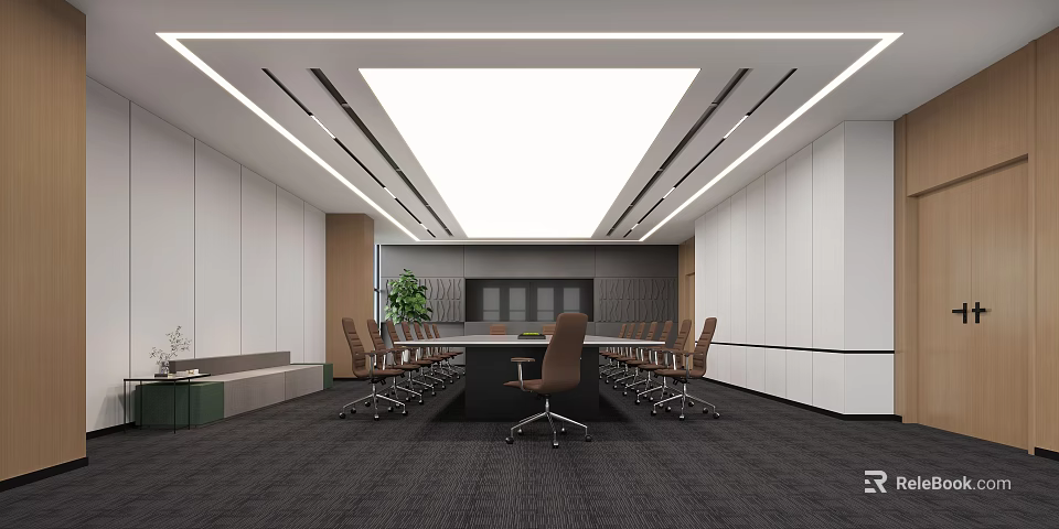 Modern Conference Room Interior With Long Table Brown Chairs Rectangular Ceiling Light And Green Plant 3d model