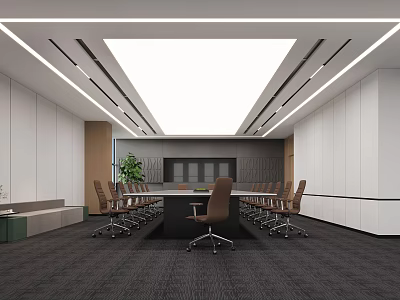 Modern Conference Room Interior With Long Table Brown Chairs Rectangular Ceiling Light And Green Plant 3d model