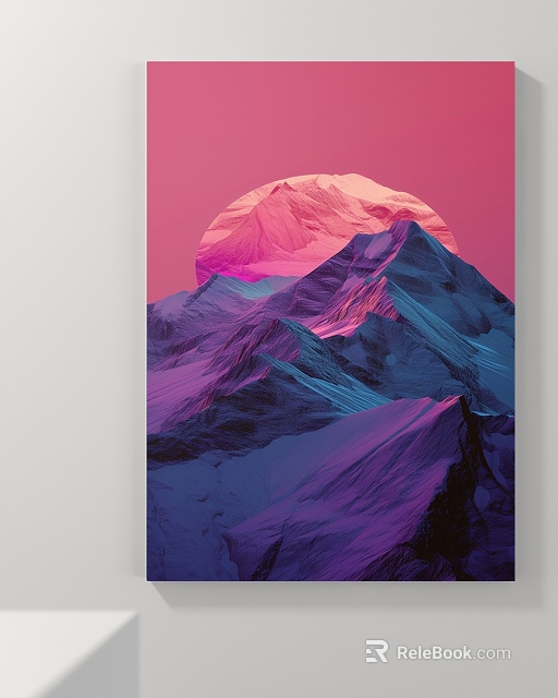 Colorful Landscape Painting With Pink Circular Sky And Vibrant Mountain Ranges 3d model 