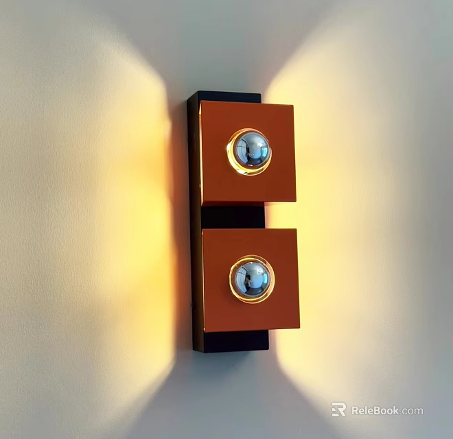 Contemporary Wall Lamp with Two Square Copper Frames Round Bulbs Illuminating Yellow Light on Wall 3d model