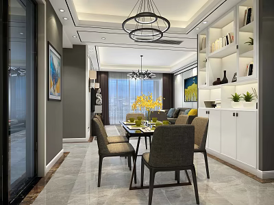 Modern Dining Room Interior With Chandelier Dining Table Chairs Green Plants And White Cabinets 3d model
