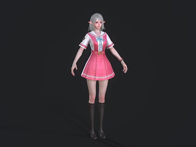 Woman With Silver Hair Elf Ears In Pink Sailor Pleated Dress And Knee High Boots 3d model