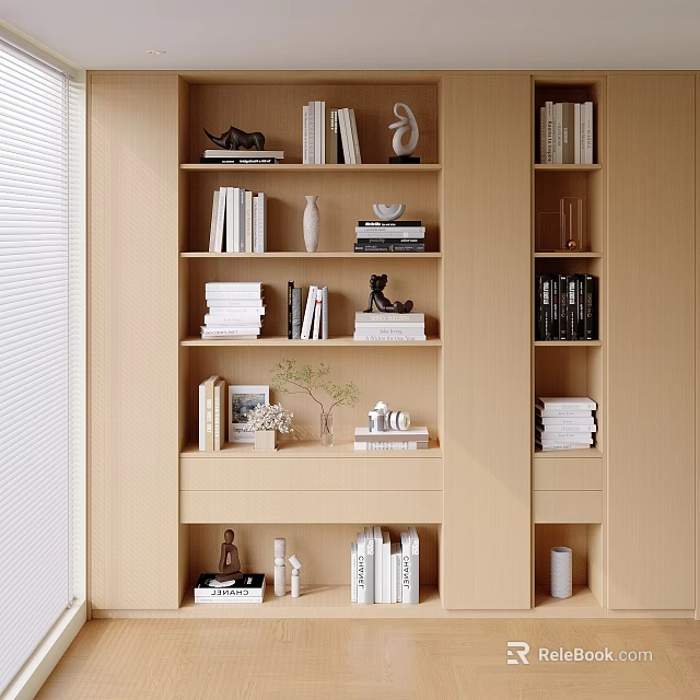 Modern Light Wood Bookcase With Multiple Shelves Books Decorative Sculptures Vases And Small Plant 3d model 