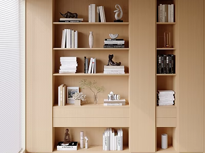 Modern Light Wood Bookcase With Multiple Shelves Books Decorative Sculptures Vases And Small Plant 3d model