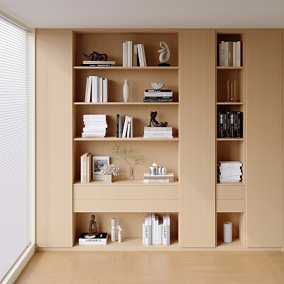 Modern Light Wood Bookcase With Multiple Shelves Books Decorative Sculptures Vases And Small Plant 3d model