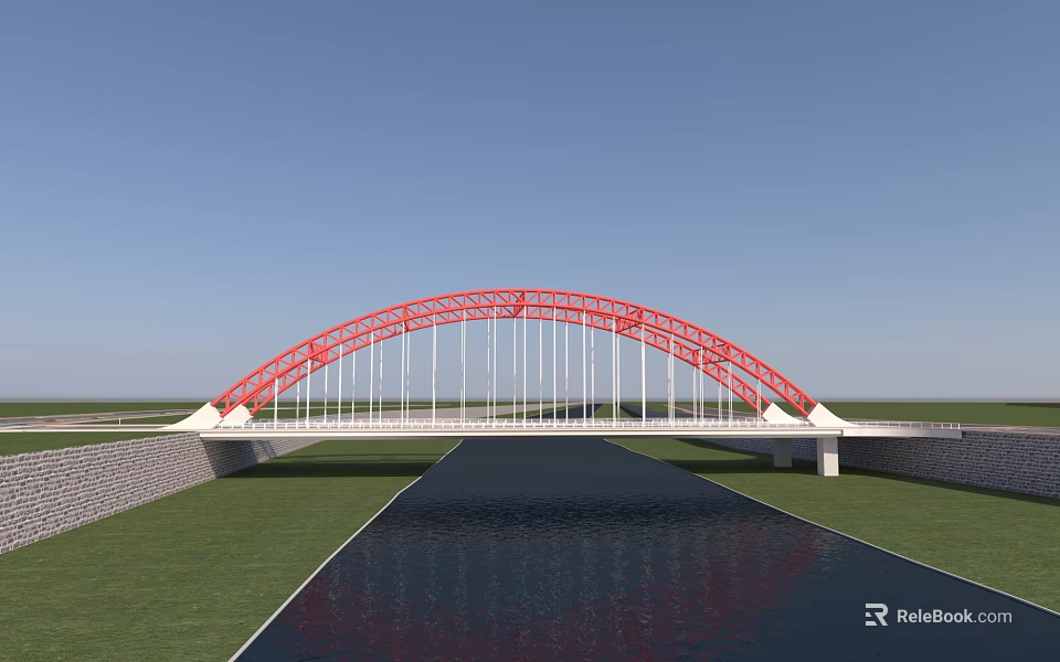 Modern Red Arch Bridge Over Calm Water With Green Grass And Blue Sky 3d model 