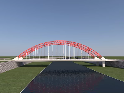 Modern Red Arch Bridge Over Calm Water With Green Grass And Blue Sky 3d model