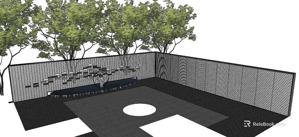 Modern Outdoor Feature Wall Design With Netted Structure And Surrounding Trees 3d model 