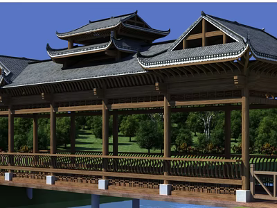 Traditional Chinese Garden Landscape Featuring Wooden Pavilion With Overhanging Eaves Surrounded By Lush Green Vegetation 3d model