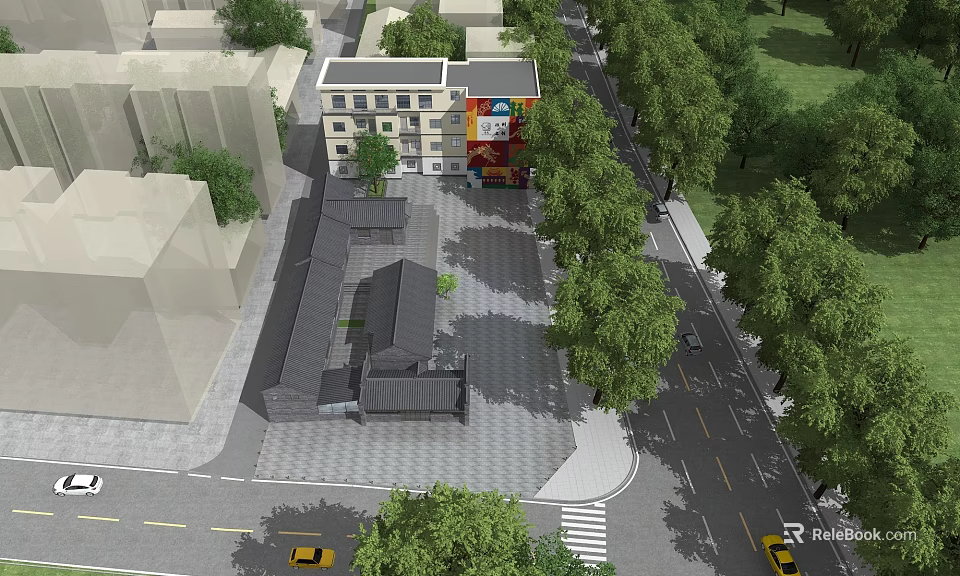 Vibrant Commercial Street Scene With Multi story Buildings Lush Trees And Shop Signboards 3d model 