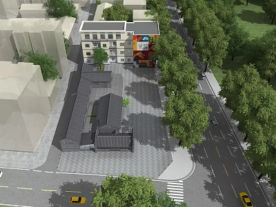 Vibrant Commercial Street Scene With Multi story Buildings Lush Trees And Shop Signboards 3d model