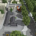 Vibrant Commercial Street Scene With Multi story Buildings Lush Trees And Shop Signboards