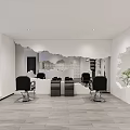 Modern Beauty Salon Interior with White Cylindrical Torn Design Black Chairs and Wooden Flooring