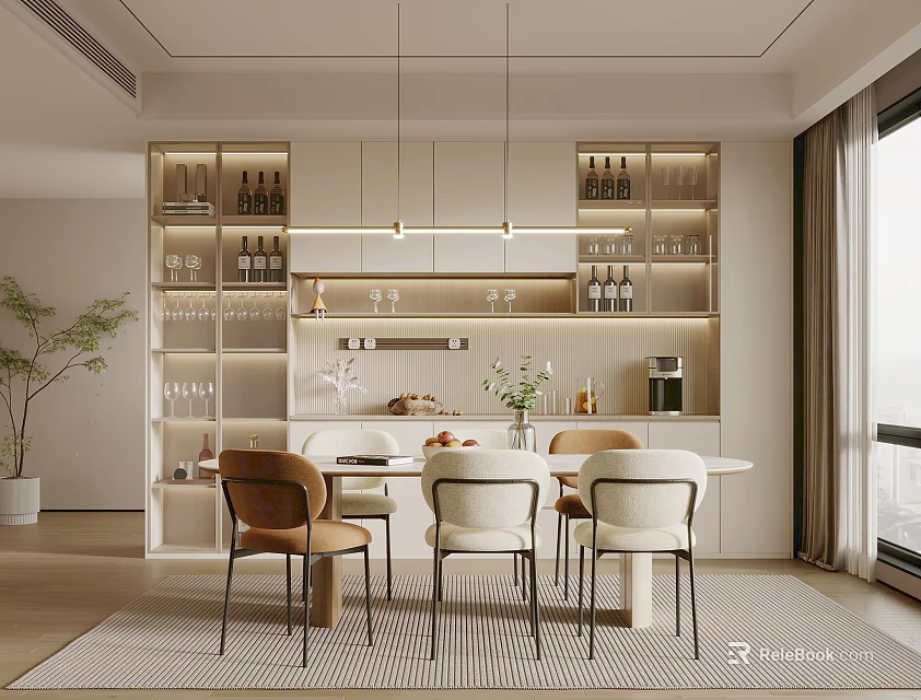 Modern Restaurant Interior With Open Layout Dining Table Chairs Wine Racks And Pendant Lighting 3d model