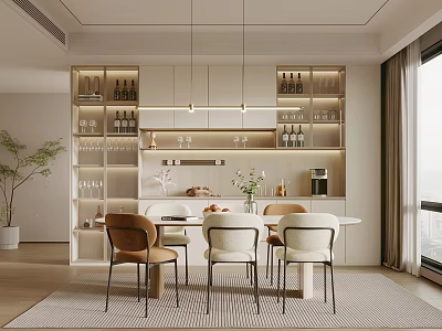 Modern Restaurant Interior With Open Layout Dining Table Chairs Wine Racks And Pendant Lighting 3d model