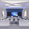 Modern School Smart Classroom With Robots Organized Desks Large Screen And Geometric Lights