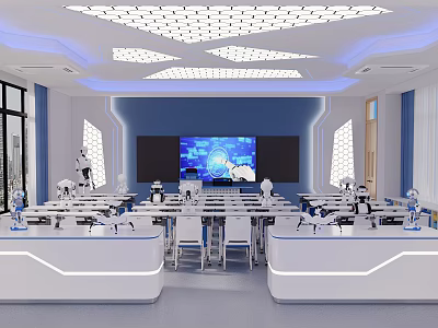 Modern School Smart Classroom With Robots Organized Desks Large Screen And Geometric Lights 3d model