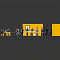 Game and Movie Characters Moving and Working in Office Setting with Yellow Cubicles and Tables