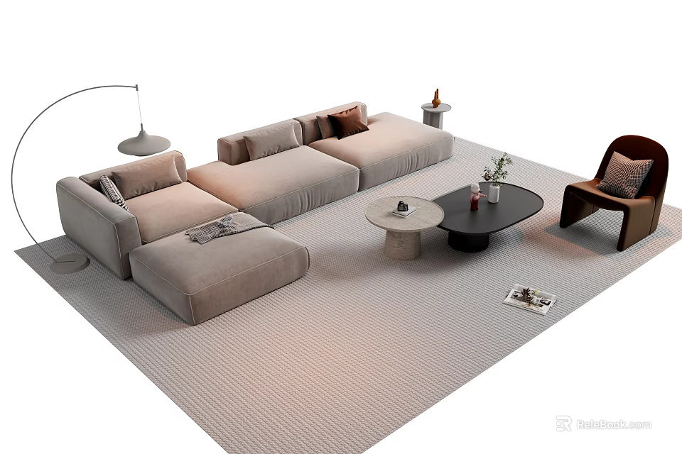 Modern L shaped Sofa and Coffee Tables with Floor Lamp Accent Chair Decorative Items 3d model 