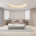 Modern Bedroom Interior Design With Wooden Walls Circular Ceiling Light And Large Windows