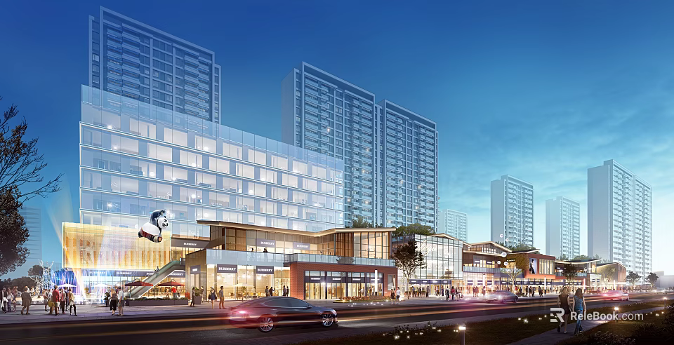 Vibrant Commercial Street With High Rise Buildings Glass Facades Pedestrians And Evening Lighting 3d model 