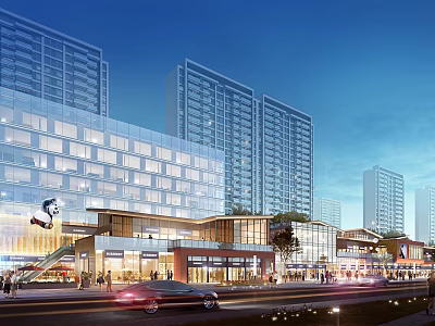Vibrant Commercial Street With High Rise Buildings Glass Facades Pedestrians And Evening Lighting 3d model