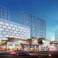 Vibrant Commercial Street With High Rise Buildings Glass Facades Pedestrians And Evening Lighting