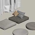 Gray And Beige Fabric Cushions With Round Poufs In Bright Interior