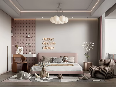 Modern Cozy Kids Room Interior With Bed Wall Art Pendant Light And Stuffed Toys 3d model