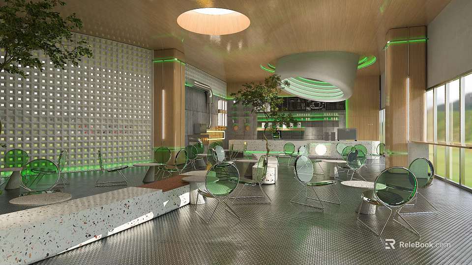 Modern Café Interior With Green Accents Transparent Chairs Round Pendant Light And Plants 3d model 