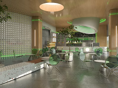 Modern Café Interior With Green Accents Transparent Chairs Round Pendant Light And Plants 3d model
