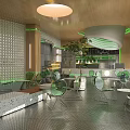 Modern Café Interior With Green Accents Transparent Chairs Round Pendant Light And Plants