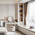 Modern Minimalist Bedroom Interior With Bedside Landscape Painting Round Mirror And Area Rug