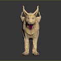 Mythical Feline Like Creature With Horns Golden Circular Markings Blue Eyes Open Mouth And Sharp Fangs
