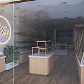Bright Modern Dessert Shop Interior With Glass Display Cases Wooden Counters And Green Plants