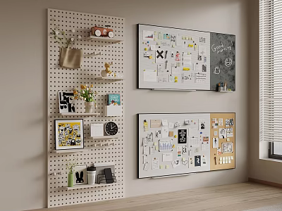 Creative Wall Decor With Pegboard And Bulletin Boards Displaying Photos And Decorative Items 3d model