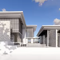 Modern Single Family Villa Exterior With Stone Walls Glass Windows Sloped Roof And Blue Sky
